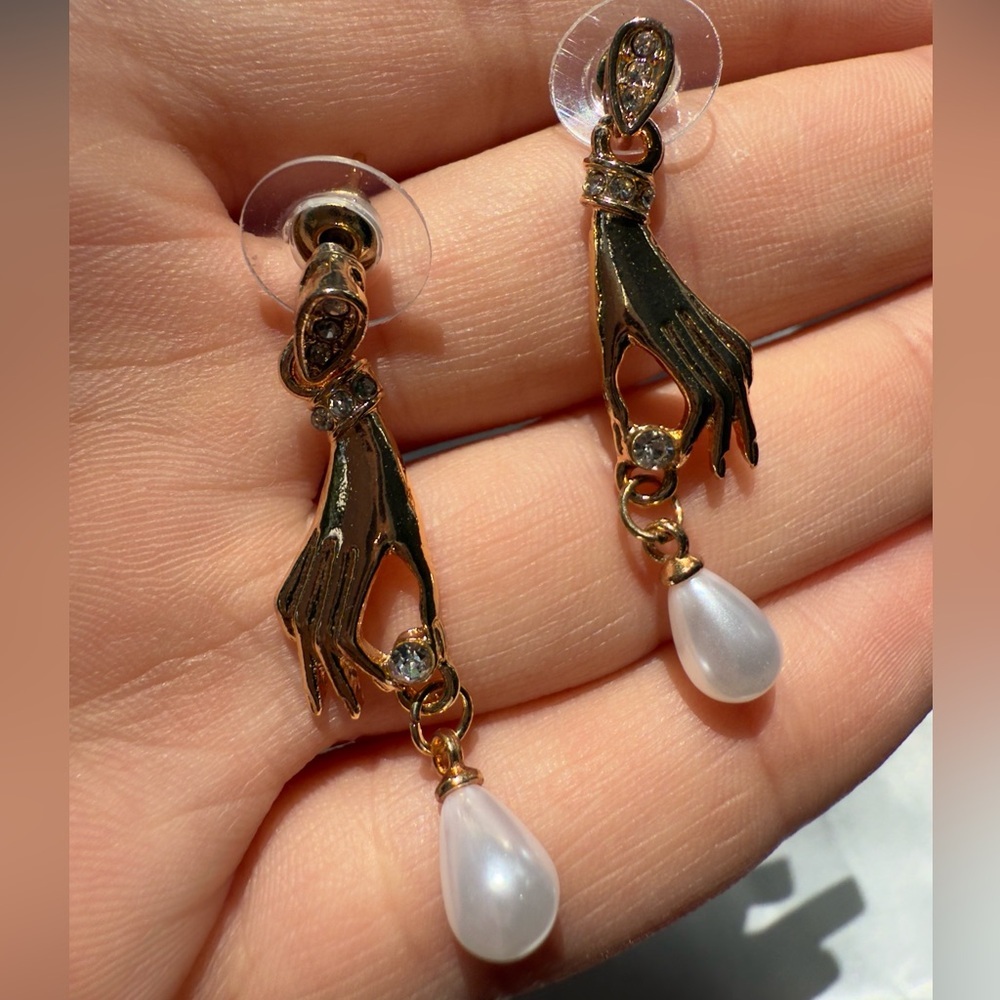 Anthropologie Gold Hand Pearl Drop Earrings - Picture 7 of 7